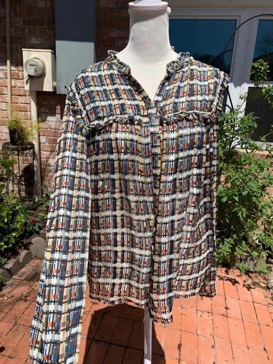 NWOT Marie Oliver 100% Silk Multi Colored Ruffle Plaid Blouse - Picture 2 of 8